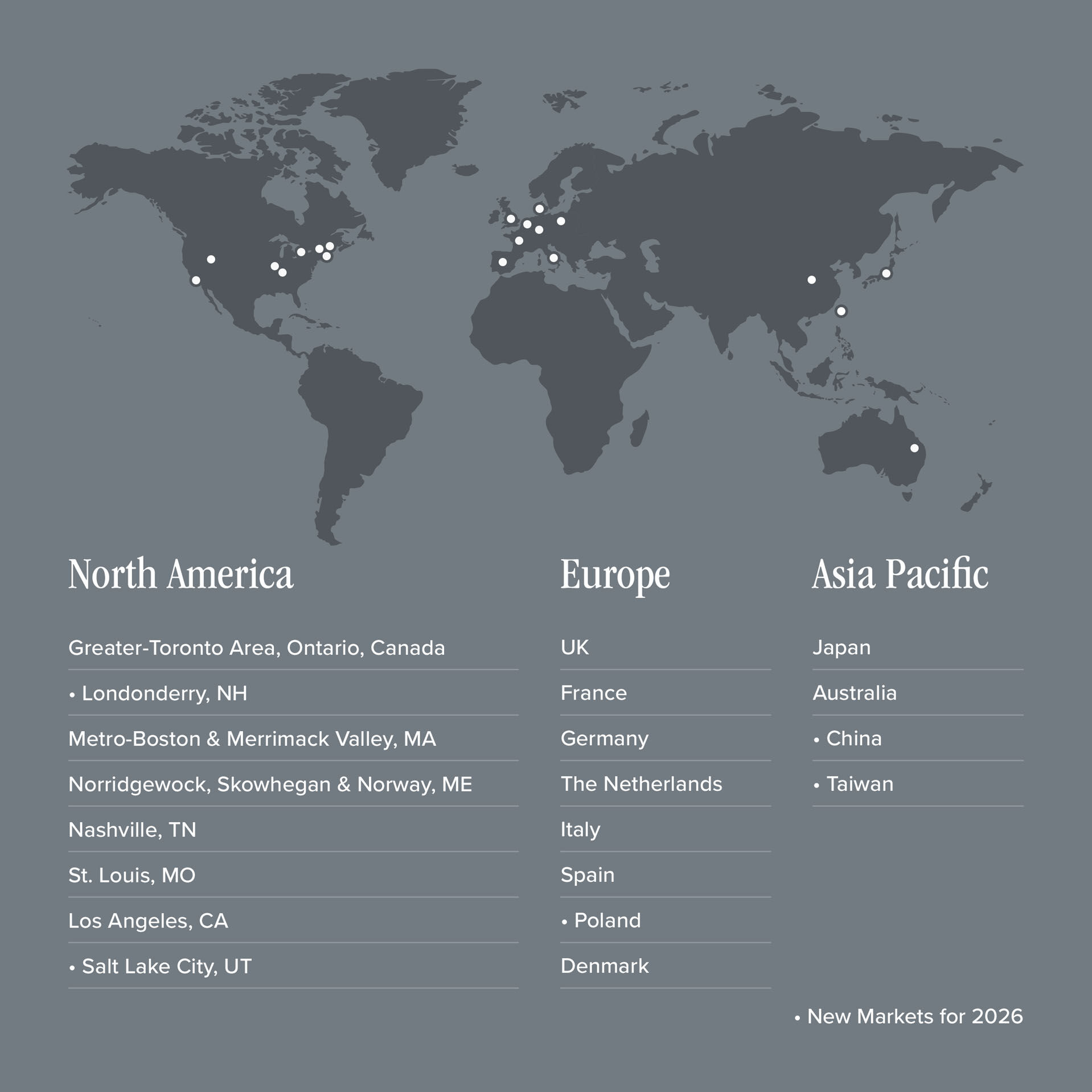 A map that shows the geographies where New Balance Foundation provides grants and includes the United States, Canada, United Kingdom and parts of Europe.